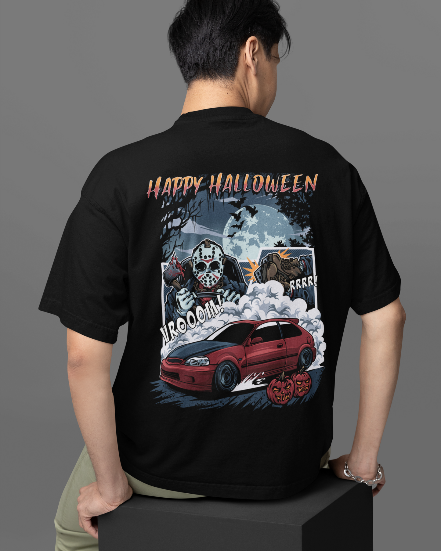 HAPPY HALLOWEEN Backprint Oversized T-Shirt
